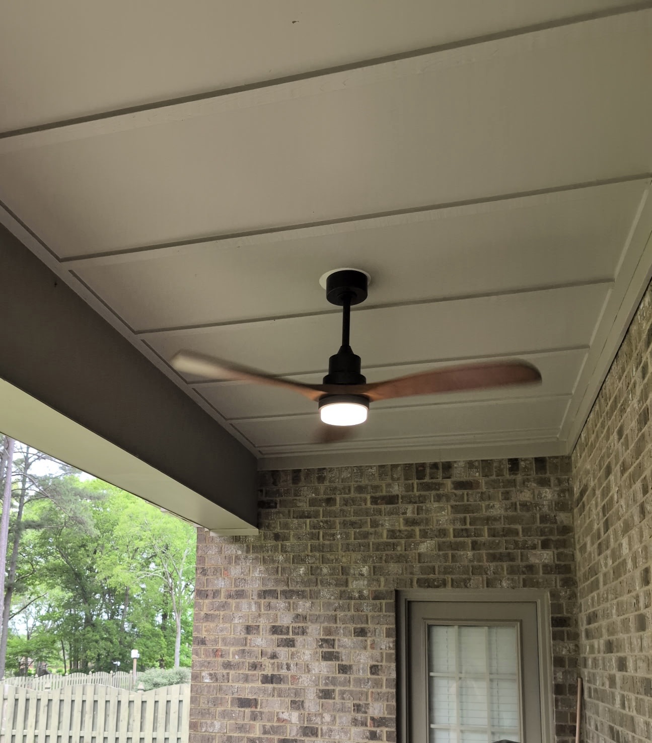 Outdoor ceiling fan installation on covered patio in Huntsville Alabama